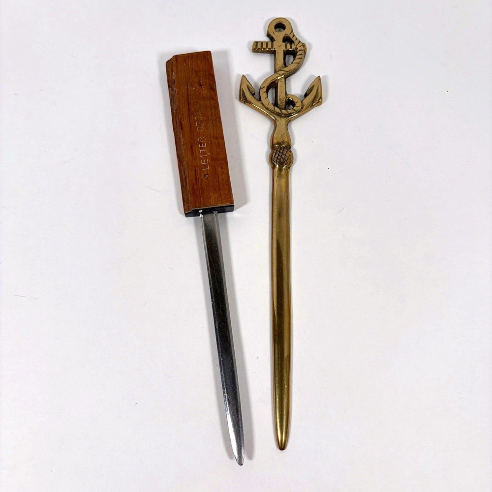 Vintage Brass Anchor Letter Opener Vedan MSG & Wood Handle Japan Stainless Set
